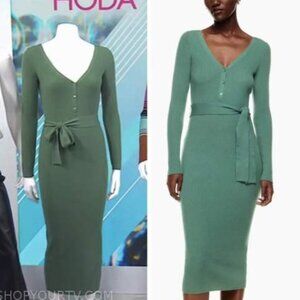 The Group Babaton Olive Green Ribbed Knit Midi Dress with Belted Waist Sz XXS